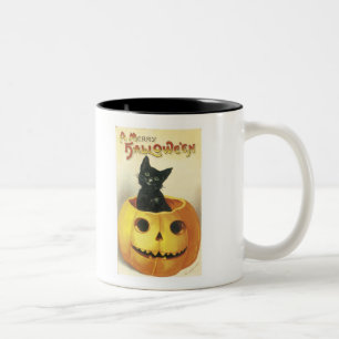 Taza Bicolor Feliz gato pasado de moda de Halloween