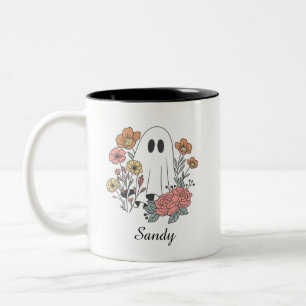 Taza Bicolor Feliz Halloween floral adorable fantasma monograma