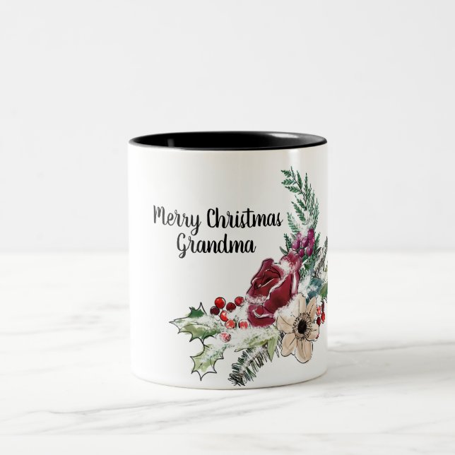 Taza Bicolor Feliz Navidad Abuela Holly Berry Floral (Centro)