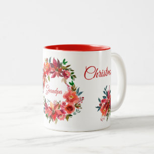 Taza Bicolor Feliz Navidad Abuelo Floral Poinsettia Wreath