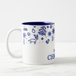 Taza Bicolor Feliz Navidad! Dibujos azules decorativos en doodl