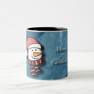 Taza Bicolor Feliz Navidad, hombre de nieve con ropa de punto