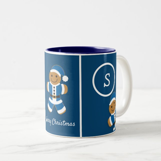 Taza Bicolor Feliz Navidad Monograma Gingerbread Santa Azul (Anverso derecho)