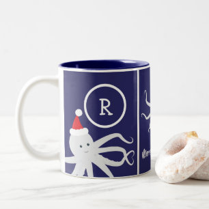 Taza Bicolor Feliz Navidad Monograma Octograma Santa Hat Azul