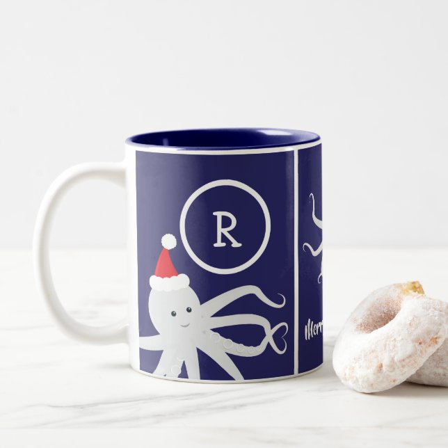 Taza Bicolor Feliz Navidad Monograma Octograma Santa Hat Azul (Con donut)