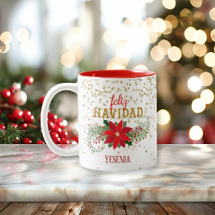 Taza Bicolor Feliz Navidad Purpurina de oro Poinsettia