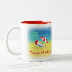 Taza Bicolor Feliz Navidad, Santa Hat, palmera, playa