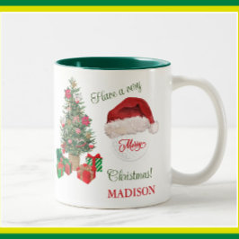 Taza Bicolor Feliz Navidad Santa Hat Tree Golf Ball Nombre