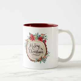 Taza Bicolor Feliz Navidad y corteza de madera y flores corona