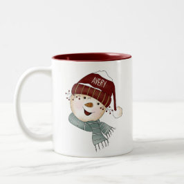 Taza Bicolor Feliz nombre personalizado de Snowman