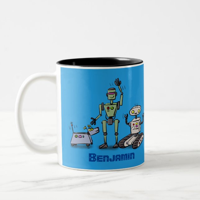 Taza Bicolor Feliz personalizado de trío de robots lindos (Izquierda)