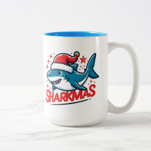 Taza Bicolor Feliz tiburón, Navidades tiburones, divertidas nav