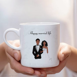 Taza Bicolor Feliz vida casada, pareja negra, regalo boda,