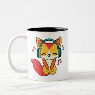 Taza Bicolor Feliz zorro con auriculares escuchando música.