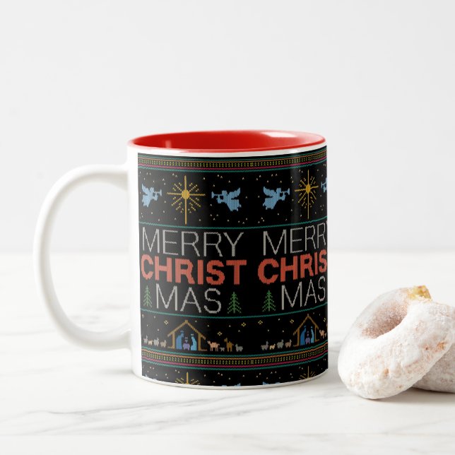 Taza Bicolor Feo Merry CRISTOmas Sweater Knit Religión (Con donut)