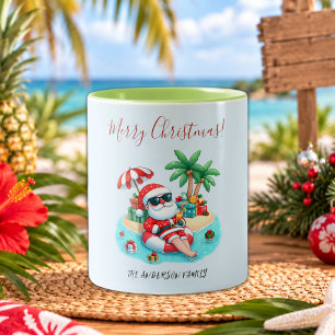 Taza Bicolor Fiesta de Navidad de Santa en la Playa Tropical