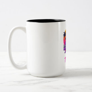 Taza Bicolor Fiesta Retro de Dinosaurios en Puesta de Sol Neon