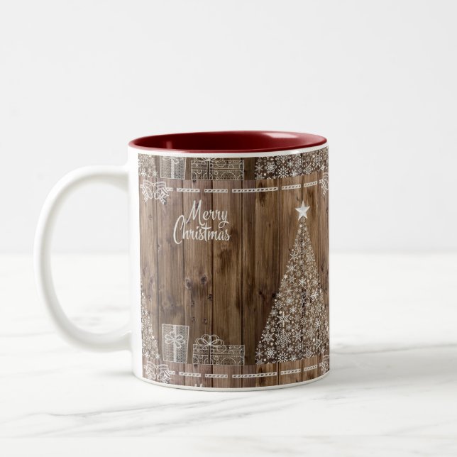 Taza Bicolor Flauta de nieve Rustic Wood Merry Christmas (Izquierda)