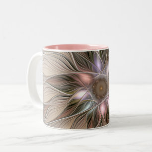 Taza Bicolor Flor abstracta alegre beige marrón fractal floral