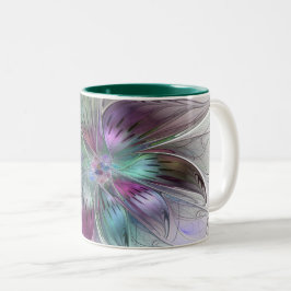 Taza Bicolor Flor Abstracta Colorida Arte Fractal Floral Modern