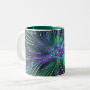 Taza Bicolor Flor Abstracta Moderna Fractal Verde Púrpura
