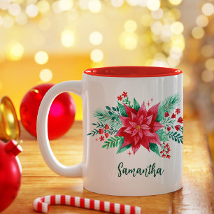 Taza Bicolor Flor de color de agua roja de poinsettia + nombre