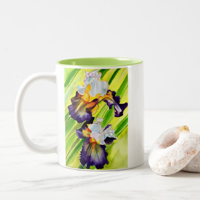 Taza Bicolor Flor de iris floral acuarela (Con donut)