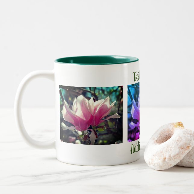 Taza Bicolor Flor de magnolia rosa personalizada (Con donut)
