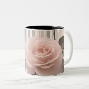 Taza Bicolor Flor de rosa rosa y rayas, aspecto vintage