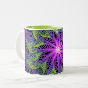 Taza Bicolor Flor moderna abstracta arte fractal verde púrpura