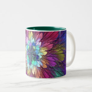 Taza Bicolor Flor psicodélica colorida Resumen Arte Fractal