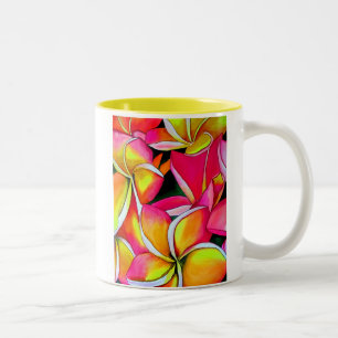 Taza Bicolor Flor tropical frangipani amarillo arte Plumeria