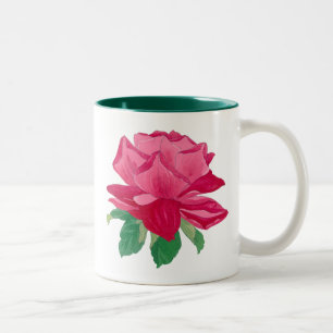 Taza Bicolor Flor y hojas verdes de color de agua magenta rosa