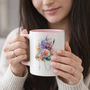 Taza Bicolor Floral católica memoria orare plegaria Rosario