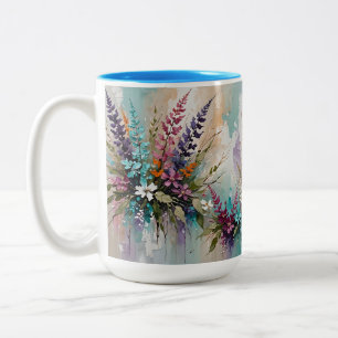 Taza Bicolor Floral colorida sobre lavanda blanca beige azul