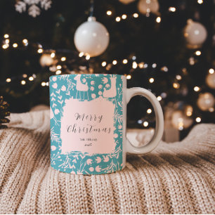Taza Bicolor Floral de Reno Nórdico Navidad en Rosa sobre Ver