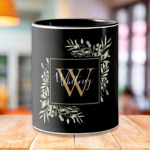 Taza Bicolor Floral de verde monograma de oro negro personaliza