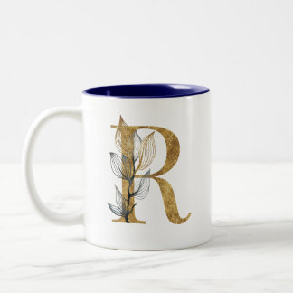 Taza Bicolor Floral Gold Navy Blue Leaves Monograma Personaliza