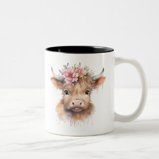 Taza Bicolor Floral Highland Cow Watercolor