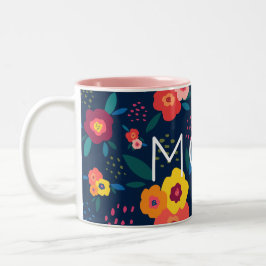 Taza Bicolor Floral moderna de mamá en azul y coral