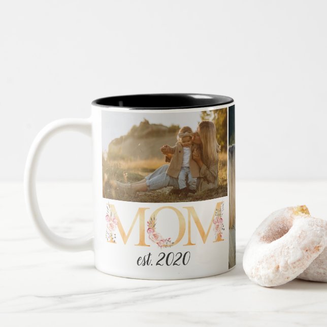 Taza Bicolor Floral Mug de Photo Mom personalizada (Con donut)