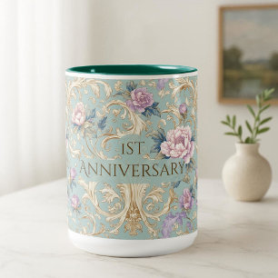 Taza Bicolor Floral Vintage Botánico Rococó Francés Aniversario