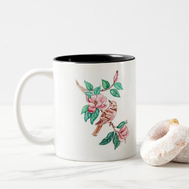 Taza Bicolor Florecimiento de aves en un café (Con donut)