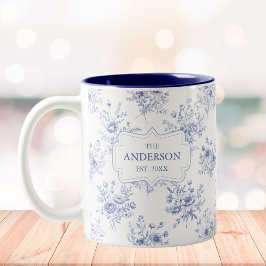 Taza Bicolor Flores Azules Clásicas con Patrón Floral Monograma