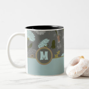 Taza Bicolor Flores azules grises monogramadas de Dandelion