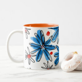 Taza Bicolor Flores azules y blancas singulares
