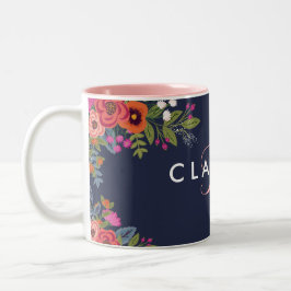 Taza Bicolor Flores Boho - Azul marino con Monograma rosa
