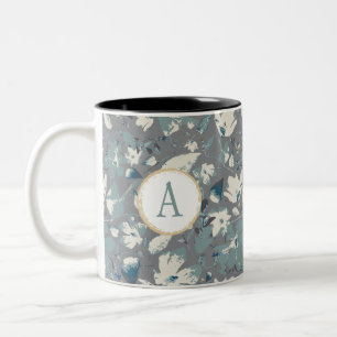Taza Bicolor Flores de acuarela azul gris monograma Clematis