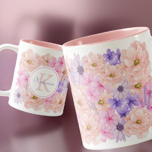 Taza Bicolor Flores de acuarela rosadas y monocalizadas para el