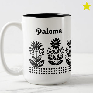 Taza Bicolor Flores de arte popular negro minimalista moderno c